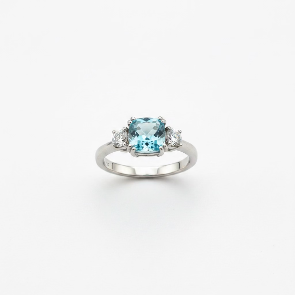 9ct White Gold Aquamarine & Diamond Three Stone Ring