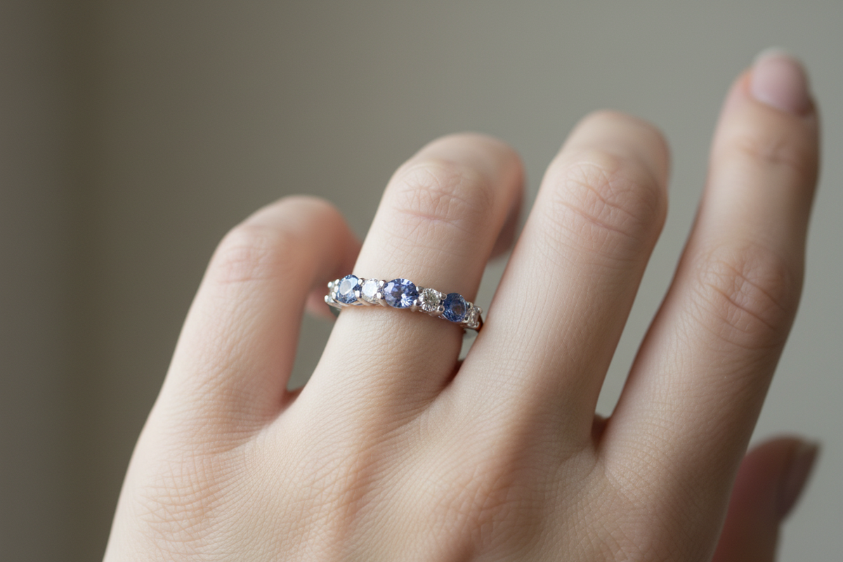 Ceylon Sapphire & Diamond Seven Stone Ring on Finger